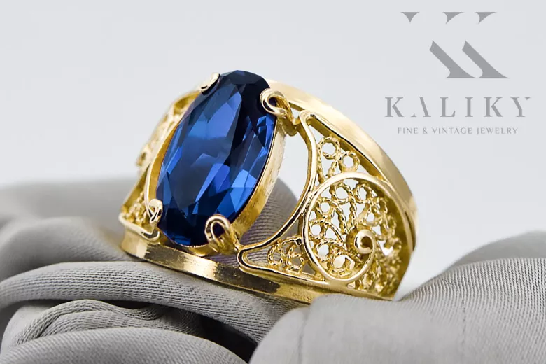 Пръстен Сапфир 14K жълто злато Винтидж крафт vrc057y